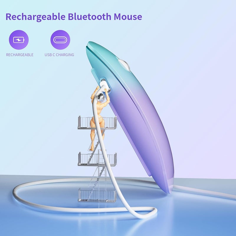 TENMOS M18 Bluetooth Mouse, USB C Rechargeable Wireless Mouse, Triple Mode (Dual Bluetooth+USB) Silent Mice Portable with USB Receiver and Type C Adapter for Laptop/MacBook/iPad - Green and Purple - Image 2
